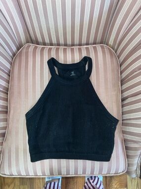aerie Black Ribbed Halter Crop Tank